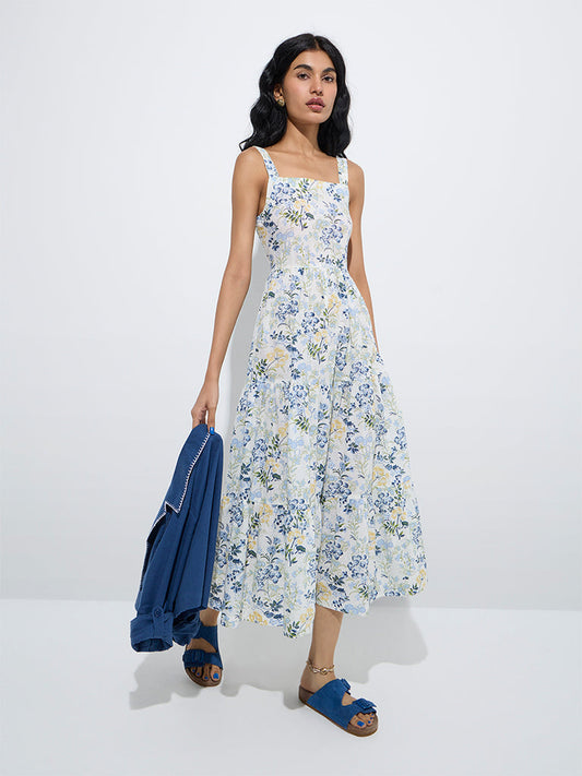 Bombay Paisley Blue Floral Tiered Cotton Dress with Jacket